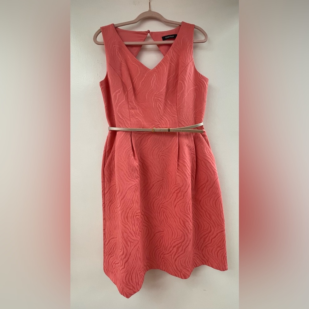 ELLEN TRACY Coral Pink Jacquard Textured Sleeveless Knee-Length Dress 12